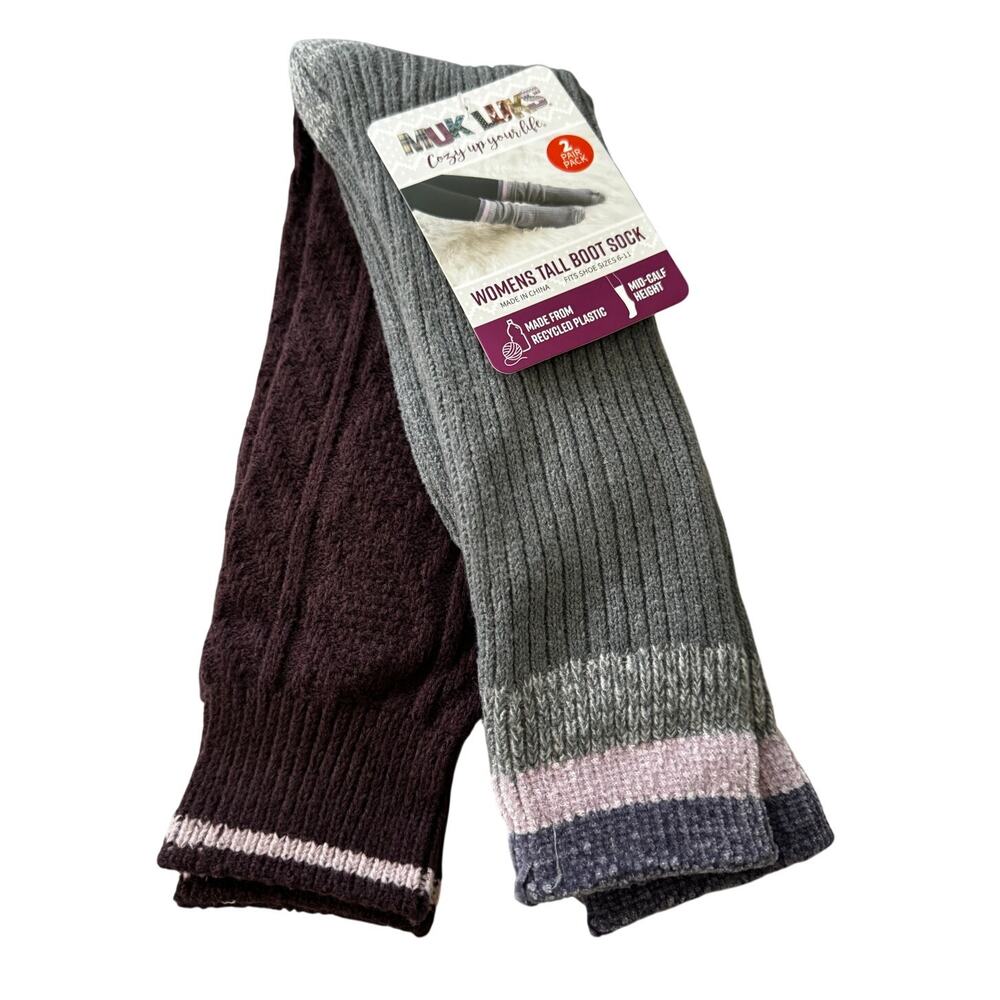 MUK LUK (2) pair WomanTall Boot Socks Shoe Sz 6-11 New Gift Cable Knit Stripes